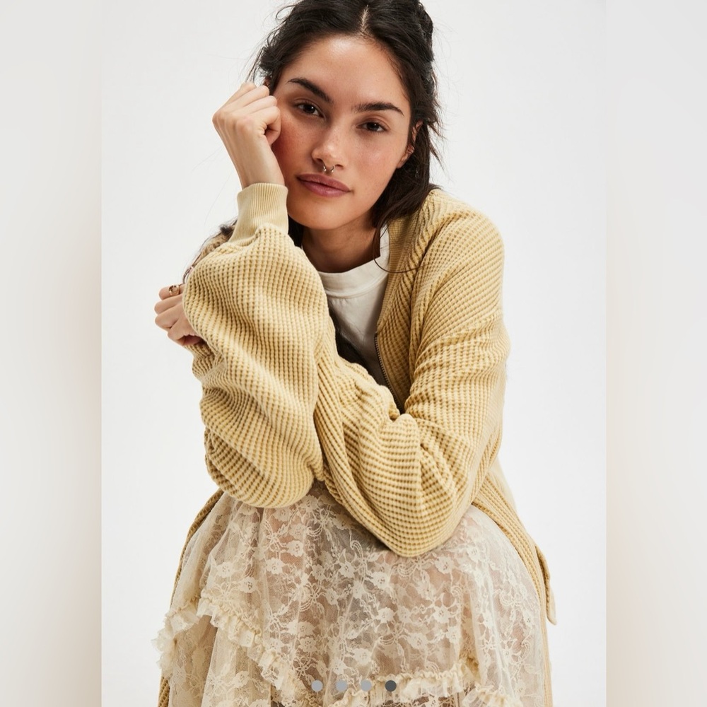 Free People One Lupo Bomber Cardi NWOT
Size S/P soft yellow